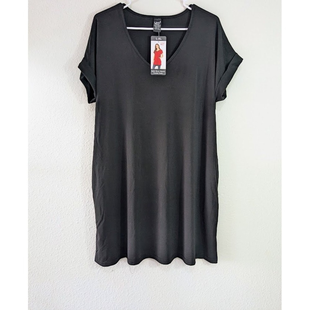 Womens Solid L-XL Black Short‎ Sleeve Pocket Lildy Tunic V-Neck Top  New
